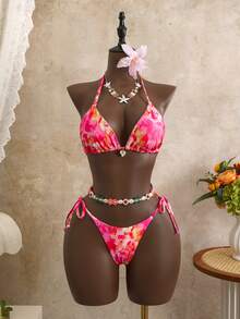 Swim Mod 3pcs/Set Girl's Printed Random Spaghetti Strap Halter Bikini Top, Side Tie Bottoms & Ruffle Trim Skirt - Multicolor - View 3