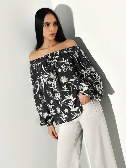KSTM Blusa de hombros descubiertos con mangas largas, estampado floral, top negro con cuello elástico, estilo bohemio casual para fiesta de jardín, primavera y verano