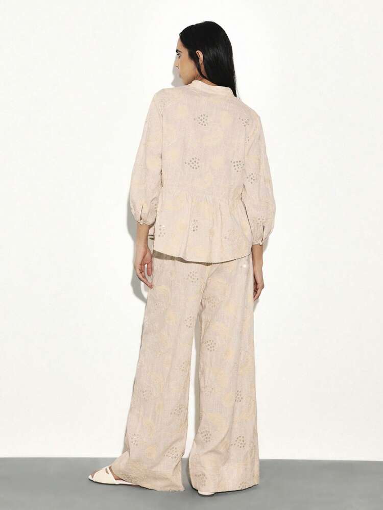 KSTM Women's Embroidered Culotte Pants With Eyelet Details Wide Leg Bohemian Flowy Trousers For Spring Summer