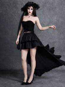 Glisette 优雅派对及街头风黑色针织短前长后褶裥修身半身裙，夏秋季款 - 黑色 - 查看 11