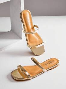 SHUZIA 金属双细带露趾平底凉鞋夏季鞋春季鞋春假复活节母亲节礼物 - 金色 - 查看 1