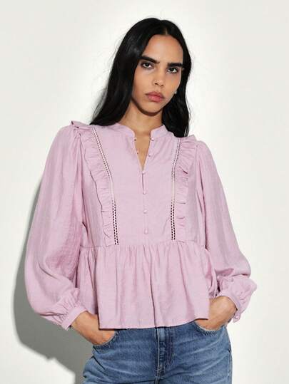 KSTM Women's Long Sleeve Ruffle Detail Blouse With Button Front And Ladder Trim Feminine Top For Casual Office