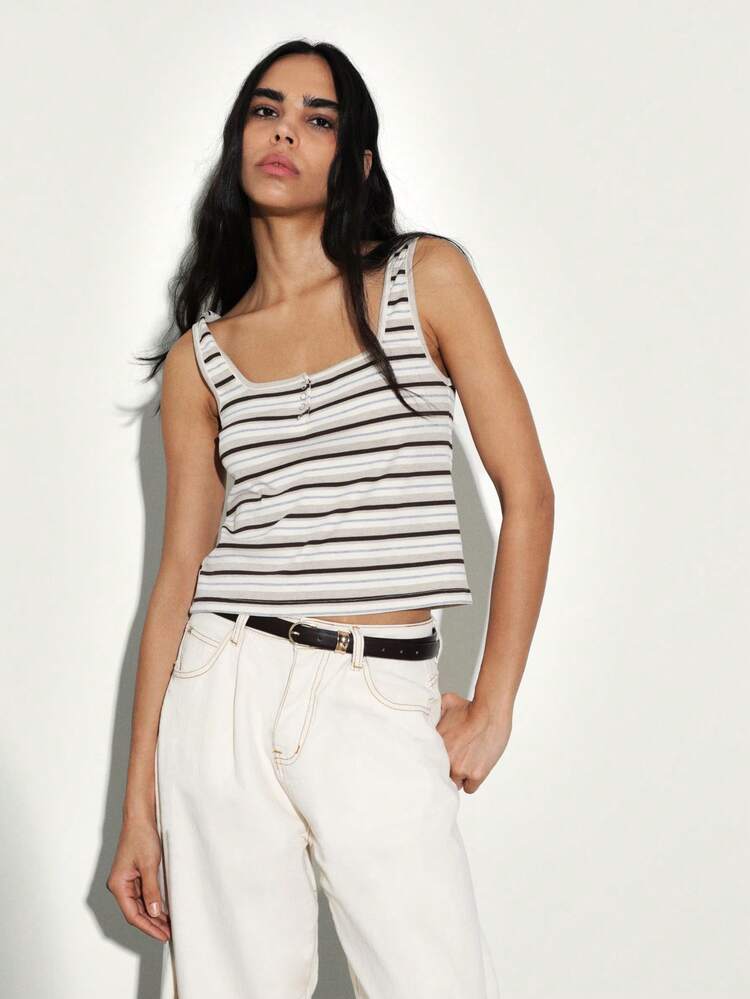 KSTM 여성용 버튼업 스트라이프 탱크탑 민소매 골지 캐주얼 여름 해변 휴가 스쿱넥 피티드 티