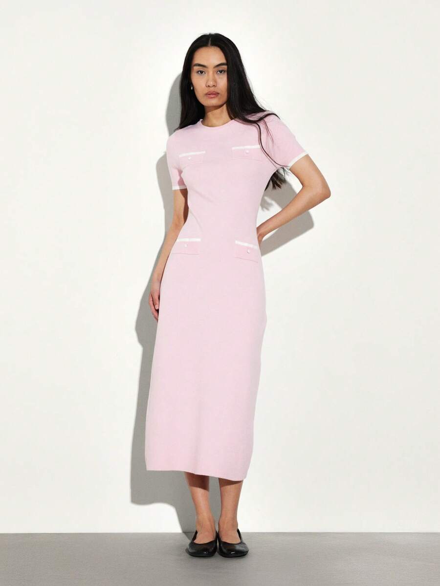 KSTM Vestido de punto de cuello redondo con detalles de contraste, vestido de punto midi de manga larga para uso casual en otoño e invierno - Rosa - Ver 1