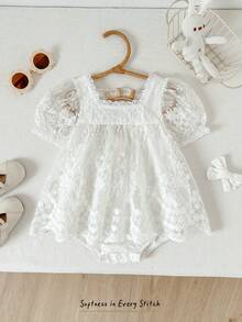 Cozy Pixies 女婴纯色休闲百搭圆领花瓣袖收腰连衣裙 - 白色 - 查看 9