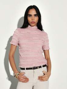 KSTM Women Textured Mock Neck Short Sleeve Top With Ruched Detail And Fringe Hem Design For Spring Summer - Pink - View 5