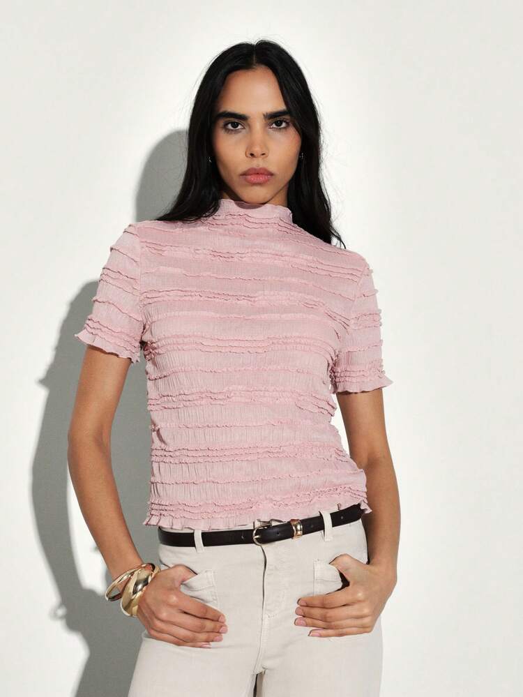 KSTM Women Textured Mock Neck Short Sleeve Top With Ruched Detail And Fringe Hem Design For Spring Summer