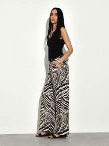 KSTM Pantalon large à taille haute et imprimé zébré avec silhouette fluide pour un style décontracté d'été pour femmes - Multicolore - Voir 5