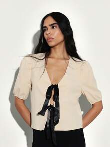 KSTM Women Tie Front Blouse With Bow Detail Short Puff Sleeves Deep V Neck Top Cropped Style Office Casual - Khaki - View 4