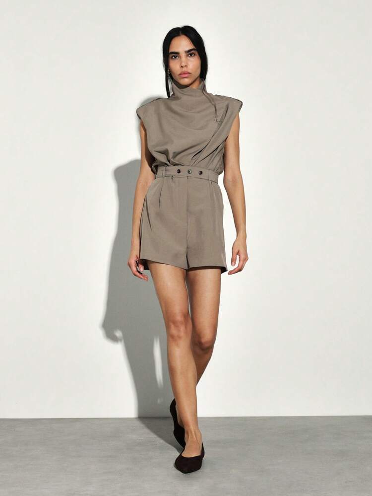 KSTM Sleeveless Mock Neck Belted Utility Short Jumpsuit With Draped Front And High Collar Detail For Women