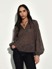 KSTM Blusa de mujer con cuello en V, manga larga, bordado floral, mangas raglán y estilo bohemio de otoño e invierno - Marrón - Ver 5