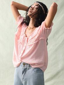 SoleilVie Solid Color Scoop Neck Ruffle Front Button Casual Short Sleeve Shirt Pink Blouses Peasant Top Blouse Summer Pink Babydoll Top Pink Ruffle Top Ruffle Blouse Ruffled Blouse Pink Summer Top - Pink - View 5