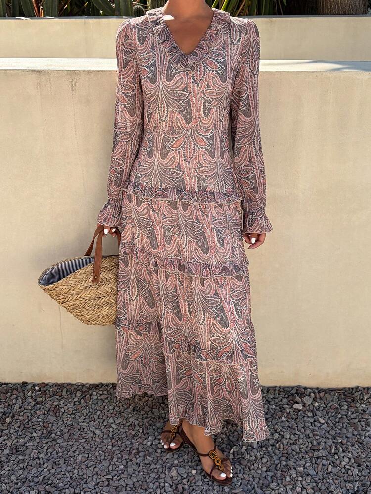 Women's Floral Print Chiffon Ruffle Hem Waist Cinched V-Neck Long Sleeve Casual Vacation Maxi Dress, Summer
