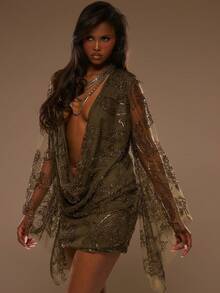 MUSERA 深V领垂褶飘逸迷你连衣裙，可爱春夏外出场合装饰 - 白色 - 查看 3