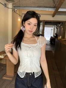 DAZY Women's Floral Print Camisole & Ruffle Trim 2 Pieces Set - White - View 5