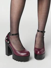 ROMWE Kawaii Women's Leopard Print Thick Sole Buckle Design High Heel Shoes, Suitable For Party Occasions Valentine's Day Y2K 2000s Style - Burgundy - View 3
