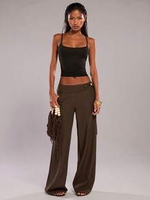 SHEIN BAE 棕色休闲串珠装饰阔腿裤/宽松长裤，适合度假、通勤、外出、夏季穿着 - 咖啡棕 - 查看 3