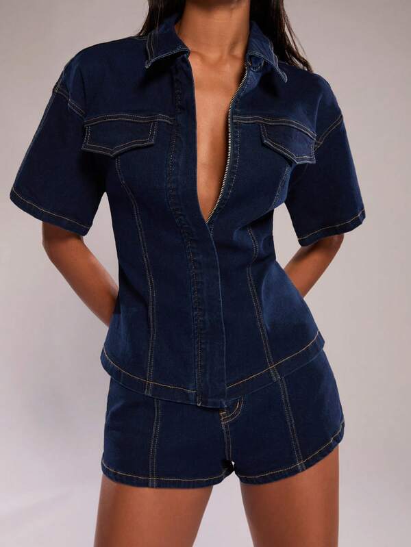 SHEIN BAE 2pcs Denim Outfit, Indigo Blue Denim Short Sleeve Collared Top And Mini Low-Waist Shorts, Suitable For Formal Occasions, Birthday, 90s, Business Casual, Elegant, Western Style, Outings, Fashionable, Casual, Y2K, Nightclub, Office, Cocktail Party, Raw Denim, Vintage, Vacation, Country Music Festival, Work, Spring Break, Concert, Brunch, Airport