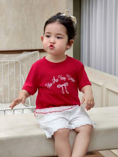 DAZY Toddler Girls' Letter Print Lace Trim Patchwork Short Sleeve Top