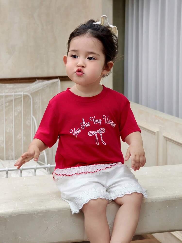 Baby Girls' Letter Print Lace Trim Patchwork Short Sleeve Top Summer