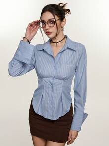 Rina Fox Blusa de mujer con cuello en V y volantes en el bajo a rayas - Azul - Ver 4