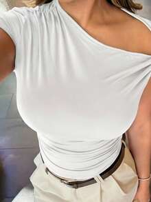 Maria Perezxox 女士性感优雅简约棕色不对称露肩休闲百搭上衣，夏季 - 白色 - 查看 3