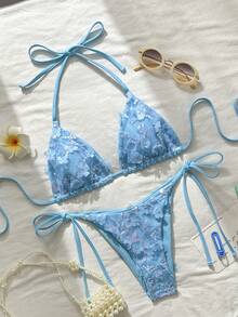 Costavie Bộ bikini hai mảnh Swim MOD họa tiết hoa đính sequin, màu xanh dương, thích hợp cho kỳ nghỉ xuân/hè ở bãi biển. Bộ bikini kiểu Brazil, bộ bikini phong cách Boho, bộ bikini móc len, bộ bikini buộc dây, bộ đồ hai mảnh cho nữ, đồ bơi, bộ trang phục đi nghỉ mát cho nữ, bộ bikini nữ, bộ đồ bơi nữ, bộ đồ hai mảnh mùa hè cho nữ. - Màu xanh lam - Xem 7