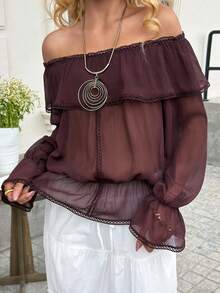 DAZY Summer Vacation Outfit Pink Lace Patchwork Off-Shoulder Loose Blouse For Women - Brown - View 4