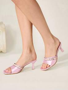 CUCCOO CHICEST Pink Satin Buckle-Trimmed High-Heeled Sandals Square Toe Contrasting Color Thin-Heeled Party Sandals Wedding Shoes Spring Shoes Bride Shoes - Pink - View 7