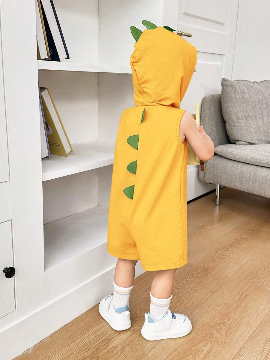 SHEIN Neugeborenen Baby Jungen/Mädchen Lässig süßer blauer Dinosaurier gestrickter Kapuzen-Romper - Gelb - Übersicht 1