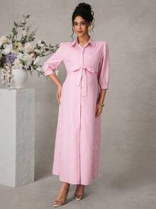 SHEIN 孕妇条纹印花长袖衬衫裙 - 粉色 - 查看 6