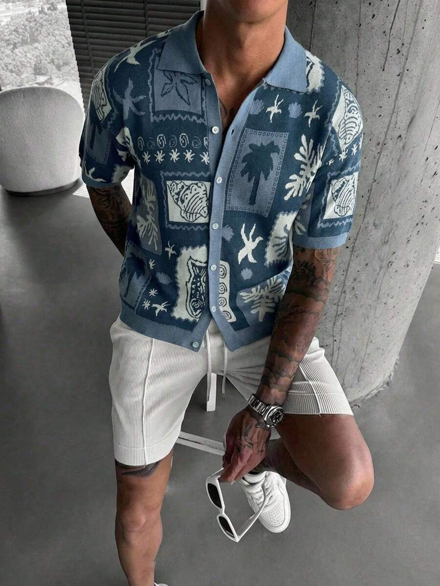 Manfinity Homme Áo thun nam tay ngắn cổ polo cài nút họa tiết cây dừa, áo sơ mi nam màu xanh in hình họa tiết, trang phục đi nghỉ mát, quần áo nam, áo sơ mi nam, áo sơ mi Hawaii cho nam, áo sơ mi phong cách Boho cho nam, trang phục đi nghỉ mát in hình họa tiết. - Nhiều màu - Xem 1