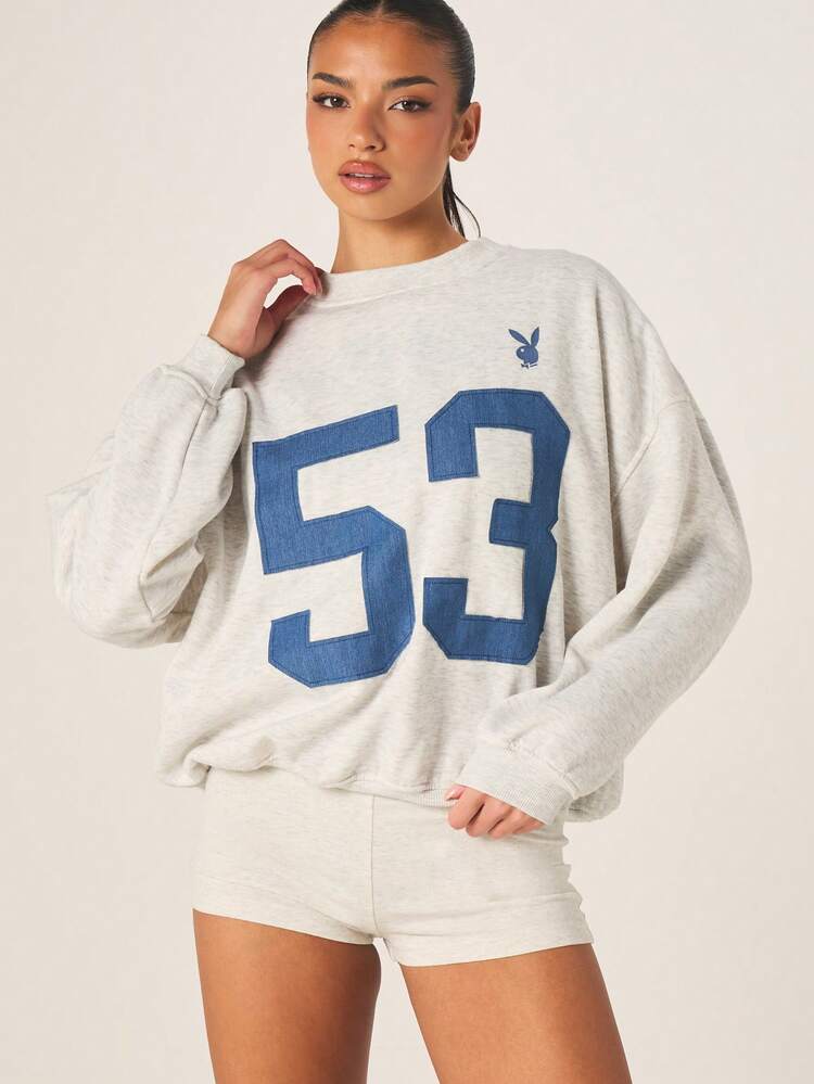 Missguided x Playboy Women's Graphic Number 53 Oversized Crew Neck Long Sleeve Pullover Sweatshirt With Bunny Logo