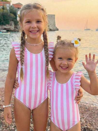 Emery Rose Kids Emery Rose Kids Costum de baie dintr-o bucată, cu mânecă lungă, imprimeu cu dungi și fermoar, fără mâneci, cu volane, Costume de baie pentru fete, Costume de baie pentru fete, Costume de baie de vară pentru vacanță