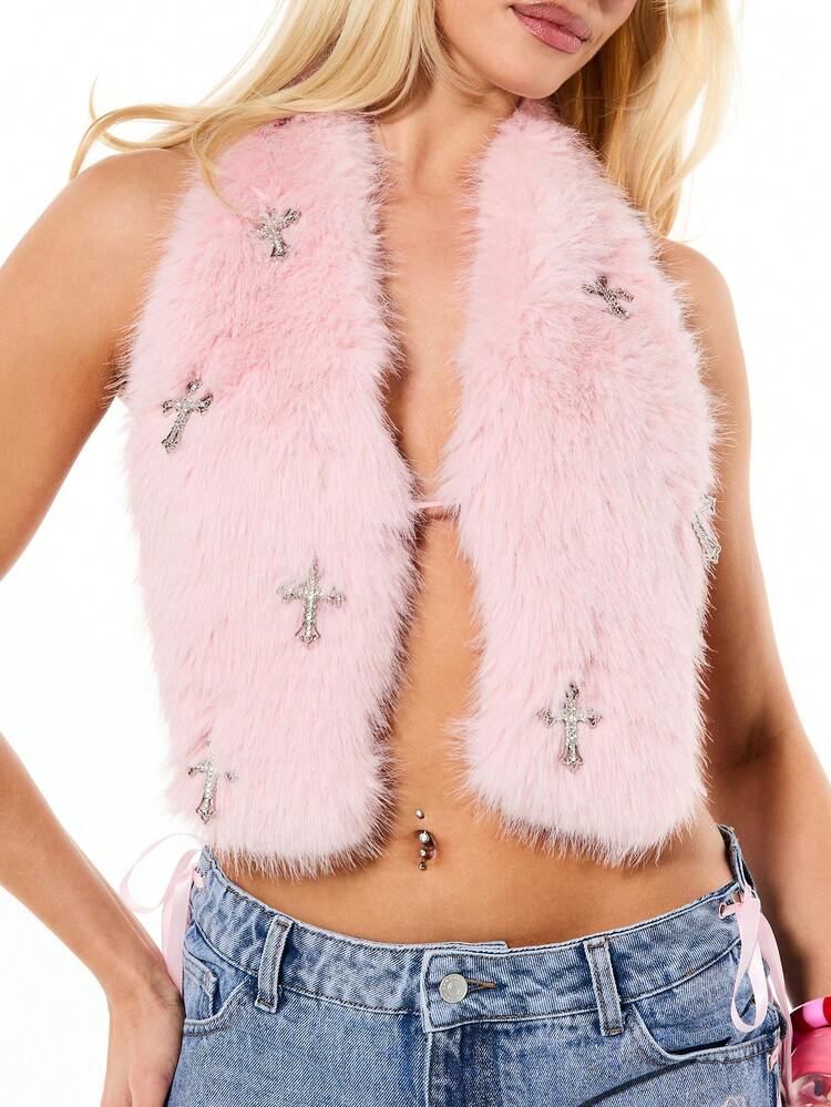 SUMWON WOMEN Faux Fur Halterneck Vest With Cross Trim