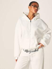 MISSGUIDED 女士闪亮铆钉连帽拉链卫衣，冬季舒适保暖抓绒连帽衫，带亮片细节，休闲舒适 - 白色 - 查看 4