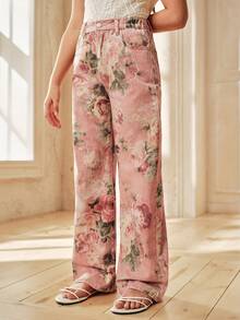 Anewsta Quần jeans ống đứng in hoa thêu thanh lịch dành cho bé gái, kiểu dáng thường ngày và thời trang, thích hợp cho mùa xuân/hè. - Hồng - Xem 4