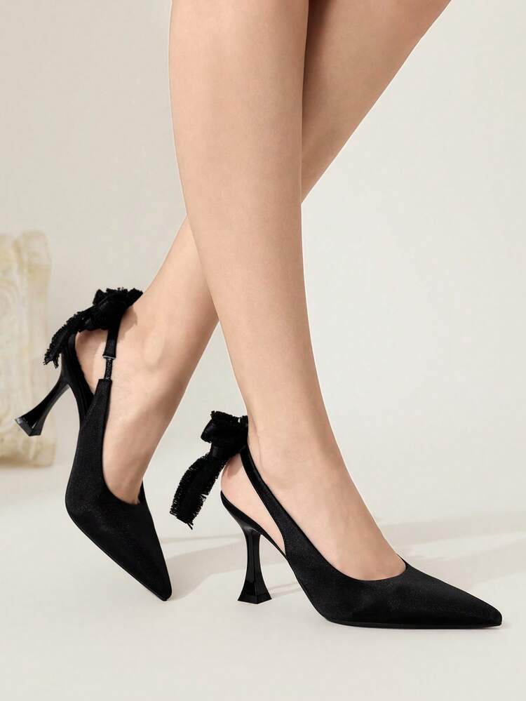 CUCCOO CHICEST Women's High Heels Pointed Toe 9CM Women's High Heels Shoes Elegant Stiletto Shoes Mirror PU Material Easy To Wear Slingback With Tassel Big Bow Cute Black High Heels Fashionable Versatile Suitable For Daily/Party/Commute/Valentine's Day Dating/Christmas/Formal Women's Shoes Elegant Shoes Wedding Shoes