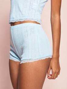 MISSGUIDED 女士镂空针织吊带背心和短裤睡衣套装，蕾丝边V领睡衣家居服两件套夏季睡衣 - 淺藍色 - 查看 6