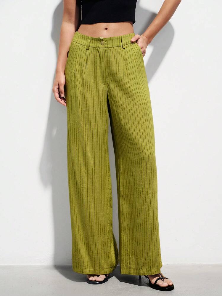 Aveloria Modichic Nouveaux arrivages Pantalon large en lin rayé, style décontracté à la française, mode minimaliste, polyvalent, décontracté, idéal pour les vacances - Jaune moutarde - Voir 4