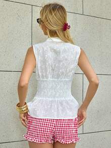 MainGRL White  Women's Solid Color Pleated Casual Versatile Commuting Short Sleeve Shirt  Summer Top Vacation Outfits Women - White - View 2