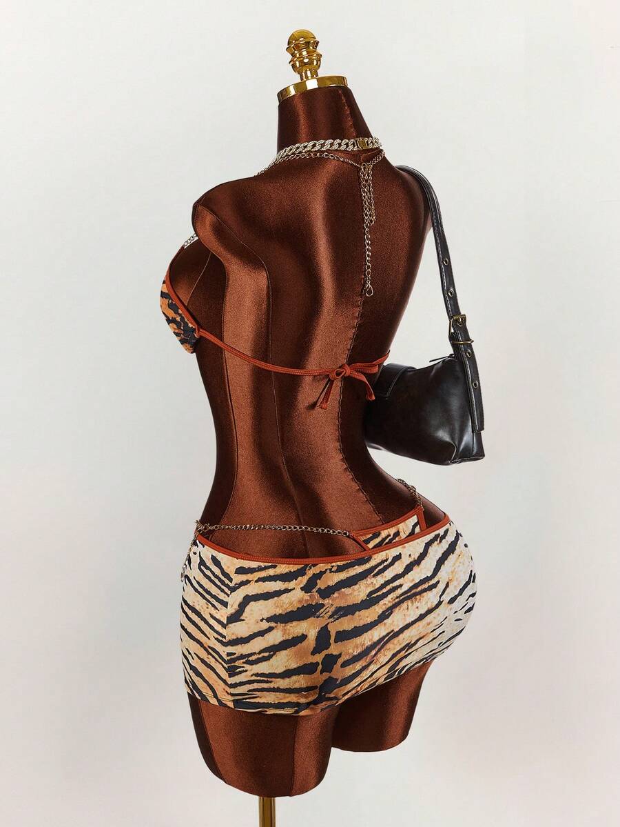 Amplova 女士虎纹三件套泳衣,性感前卫的Y2K风格,金属链条撞色包边,适合度假穿着 - 棕色 - 查看 1