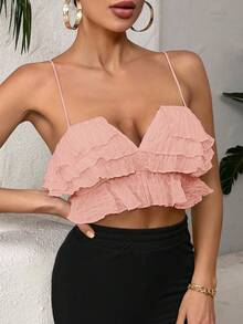 SHEIN SXY 女士纯色荷叶边下摆时尚百搭约会外出吊带背心 - 粉色 - 查看 3