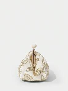 SHECARRY 女士手拿包，金色刺绣配金色亮片花朵，时尚、优雅、简约、个性化、百搭、经典，适合海滩、度假、假日、夏季、海边、沙滩派对（图案随机） - 杏白色 - 查看 4