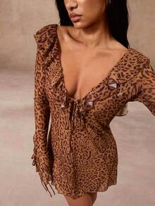 Opulessa Women's Vacation Leopard Print Ruffle Collar Front Tie Cover Up Dress - Multicolor - View 3