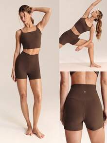 GLOWMODE FeatherFit™ Better Together Twisted Backless Removable Cups Adjustable Straps Square Neckline Tank & 4.3" Buttery-Soft Sweat-Wicking Crossover Waist Biker Shorts Low Impact Yoga Cycling Running Gym Daily Active Wear - Brown - View 9