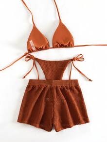 Swim Vcay 2026 Spring/Summer Spaghetti Strap Halter Orange Grid Side High Cut Women's Thong Panty, Semi-Sheer Bikini Swimwear Set, Suitable For Beach Photography - Orange - View 2