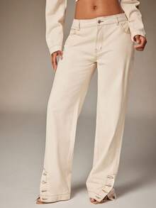 Denimoi 撞色缝线开衩脚踝纽扣细节直筒牛仔裤 时尚牛仔裤 - 白色 - 查看 1