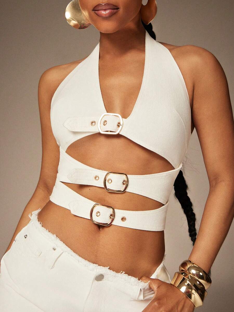 Denimoi 露脐牛仔短款上衣，配搭扣和撞色缝线，性感上衣，度假上衣，伊比沙岛 GNO - 白色 - 查看 1