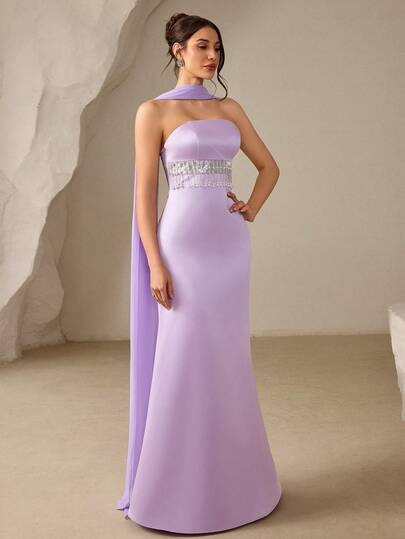 Coutiva Đầm dạ hội nữ thanh lịch, đính sequin và tua rua ngọc trai, dáng đuôi cá ôm sát, kèm thắt lưng.